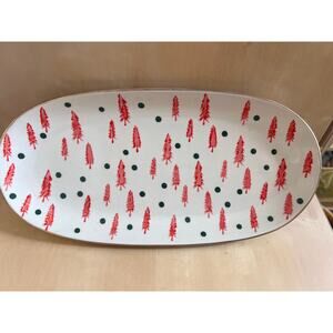 TAG Stoneware Holiday Platter Red Trees Green Dots 12” Christmas Serving Tray